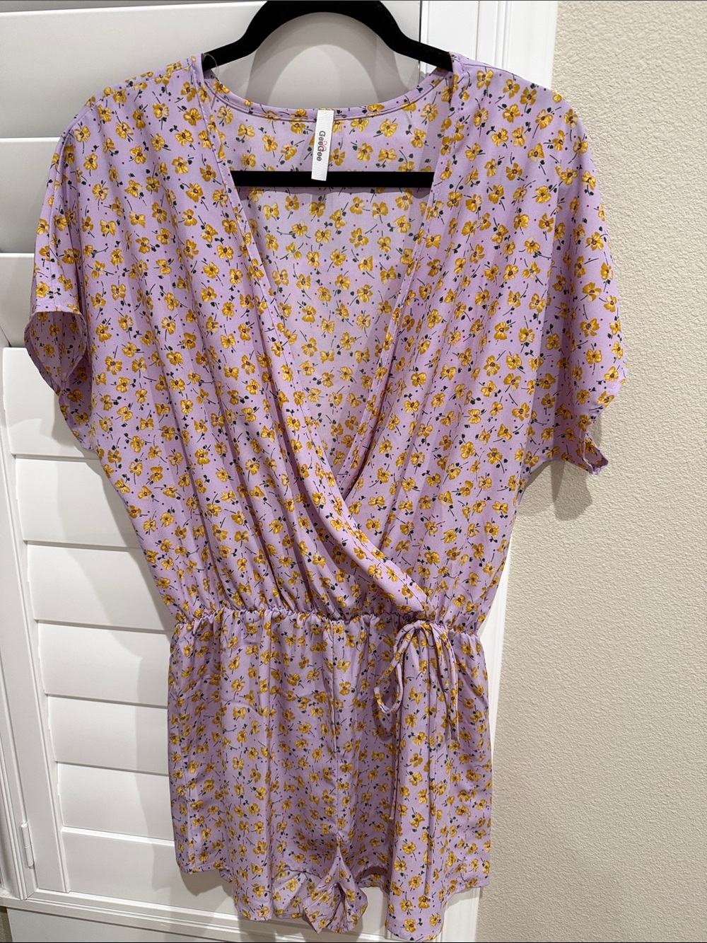 GeeGee Lavender Floral Wrap Romper with Yellow Accent Flowers